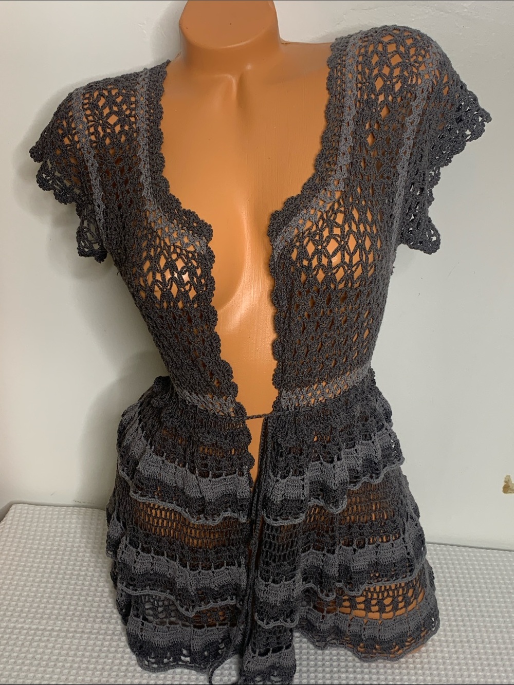 Boston Proper Crochet Open Weave tie front Cardigan - Charcoal Gray Boho hippie